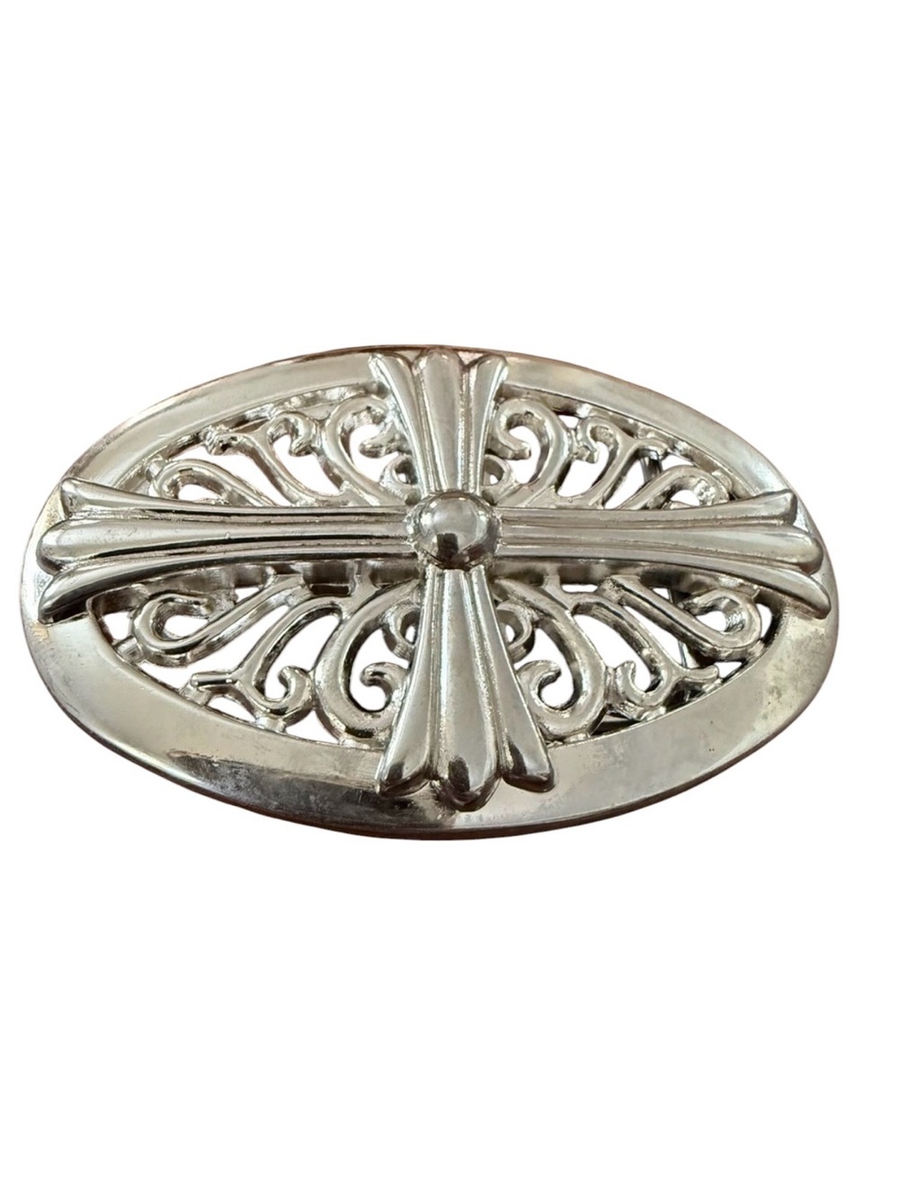 Vintage Silver Tone Ornate Cross Oval Belt Buckle Goth Grunge Y2K Edgy Accessory